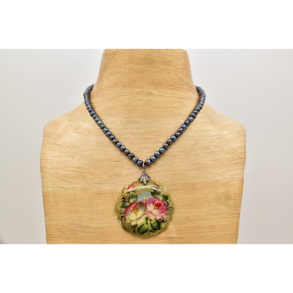 EXEX Necklace Pendant Hand Painted Tahitian Black Pearls 925 Silver Chain BinK - Picture 8 of 12